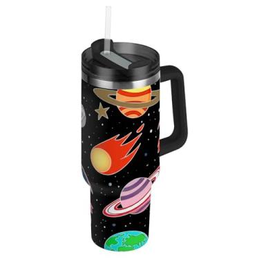 Imagem de Joisal Copos de aço inoxidável com tampa e canudos desenho animado planetas espaço caneca de café preto quente para carros rosa copo de 850 g com alça garrafas de água isoladas