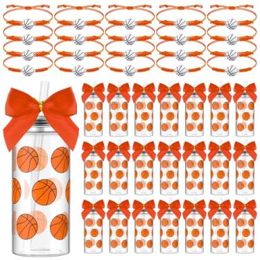 Imagem de Skylety Conjunto de 20 lembrancinhas de festa de basquete, 20 peças de copos reutilizáveis de plástico de 382 g com tampa e palha, 20 peças de pulseiras para presentes de equipe de basquete, presentes