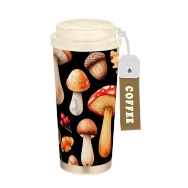 Imagem de TSENQUE Copo de café de viagem de 473 ml com tampa de canudo e filp, canecas de café de parede dupla isoladas a vácuo com revestimento cerâmico, cogumelos de outono em aquarela preto