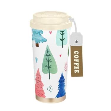 Imagem de Caneca de viagem de café 40 ml com revestimento cerâmico, caneca de café de aço inoxidável com tampa e canudo, copo isolado a vácuo, árvores de Natal inverno