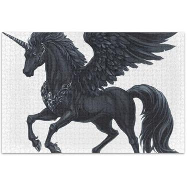 Imagem de Cavalo Pegasus Wings Preto Branco 1000 Peças Quebra-cabeça Adultos Arte Engraçada Jogo de Arte, 29,5 x 19,7 polegadas