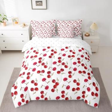 Imagem de jejeloiu Jogo de cama solteiro com estampa de cereja vermelha e cereja em uma bolsa para meninos, meninas, adolescentes, frutas fofas, pera branca, 7 peças