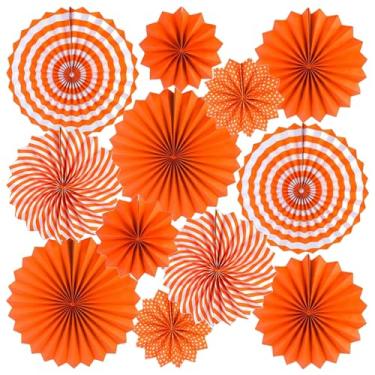 Imagem de INPLUSTOP 12 peças de leques de papel laranja pendurados para festa, guirlanda de papel com padrão redondo, decorações de festa laranja para aniversário, ação de graças, casamento, chá de bebê
