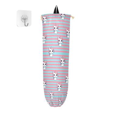 Imagem de Suporte de sacola de mercearia de unicórnio listrado rosa e azul para sacolas plásticas, dispensador de sacolas de supermercado na parede, organizador de armazenamento de cozinha