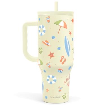 Imagem de SANDJEST Copo de praia de 1,134 g com alça e canudo, caneca de café de viagem de aço inoxidável isolado para mulheres meninas amantes da praia, ideia de presente para aniversário, Natal, dia das mães