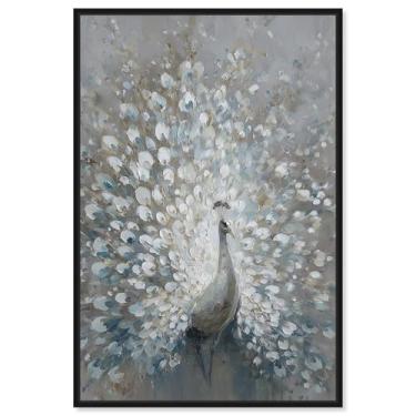 Imagem de Decoração de parede vintage com estampa de pavão branco I da Art Remedy, moldura preta, 50 x 76 cm