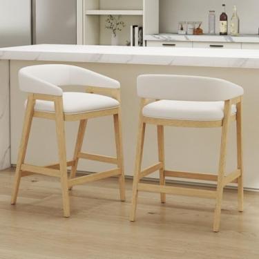Imagem de BESTANO Conjunto de 26 banquetas de bar Farmhouse de 66 cm, bancos de bar estofados de linho bege moderno com braços traseiros, banquinho de madeira com acabamento de carvalho, cadeiras de bar para
