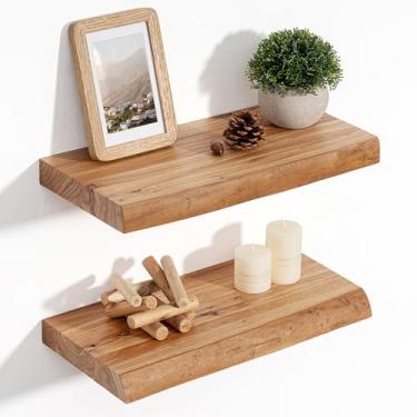 Imagem de Prateleiras flutuantes para decoração de parede, prateleiras flutuantes de madeira de olmo maciça rústica montadas na parede, prateleiras de parede com suporte invisível para sala de estar, banheiro