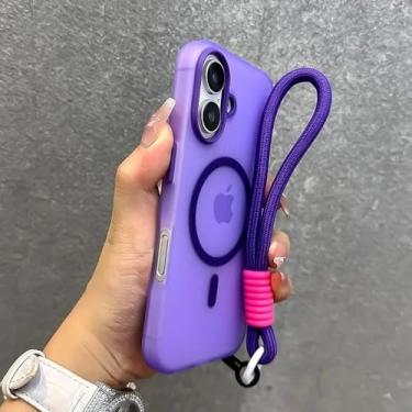 Imagem de Capa com cordão em contraste de cores doces para iPhone 16, 15 Pro Max, 14 Plus, 11, 12, 13 e 16e, alça de pulso, capa macia fosca, roxa, para iPhone 15 Pro