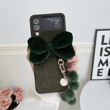 Imagem de Capa de celular de pelúcia com pingente de bola peluda e laço 3D para Samsung Galaxy Z Flip 6 5 4 3 5g Flip6 (Para Samsung Z Flip6/Verde)