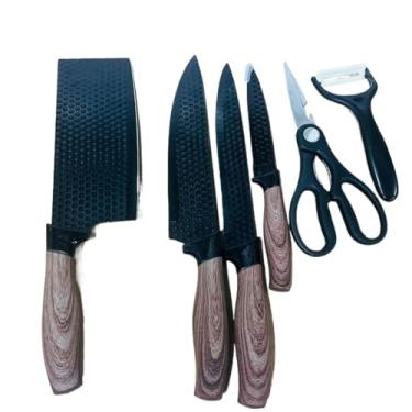 Imagem de Conjunto de Facas de Cozinha, 6 Peças, Cabo em Madeira, Lâminas em Aço Inoxidável com Textura, Inclui Tesoura e Descascador