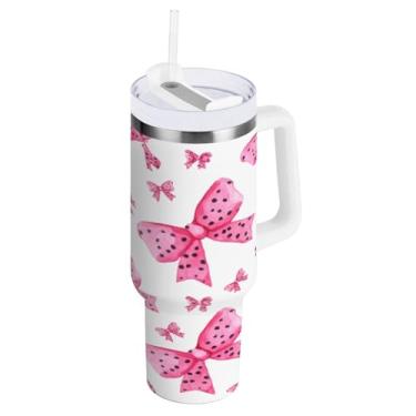 Imagem de Wassud Copo com laços com pontos pretos com alça e tampa de canudo copo isolado garrafa de água de aço inoxidável à prova de vazamento caneca de viagem presentes para mulheres 850 g