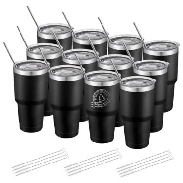 Imagem de YOUKE OLA Pacote com 12 copos isolados revestidos em pó de aço inoxidável parede dupla copo de café para viagem com tampa e canudo para bebidas frias e quentes, 850 g, preto