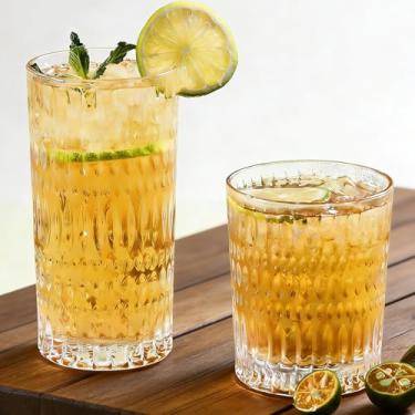 Imagem de Loivttvv Conjunto de 8 copos de vidro, copos altos de 400 ml e copos de vidro canelados, copos vintage para água, suco, coquetel, uísque (transparente)