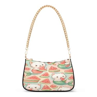 Imagem de Cute Cat Watermelon Foods Bolsa de ombro com corrente de sobremesas, bolsa feminina Hobo, bolsa moderna para uso diário e festa