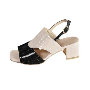 Imagem de Sandália feminina fashion casual primavera e verão confortável combinando cores bico quadrado bico aberto fivela uma linha salto grosso salto alto, Preto, 34