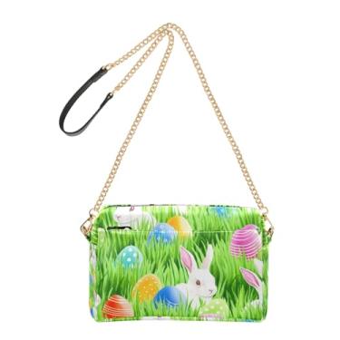 Imagem de Joitme Bolsa de ombro feminina transversal coelhos grama verde ovos de Páscoa bolsa para celular bolsa de couro PU bolsa de ombro com alça de corrente
