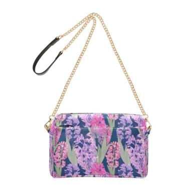 Imagem de Joitme Bolsa feminina rosa roxa com flores de jacinto, bolsa tiracolo para celular, bolsa de ombro de couro PU com alça de corrente