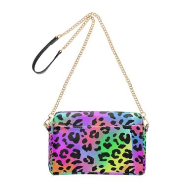 Imagem de Joitme Bolsa tiracolo feminina preta com manchas de leopardo arco-íris bolsa para celular bolsa de couro PU bolsa de ombro com alça de corrente