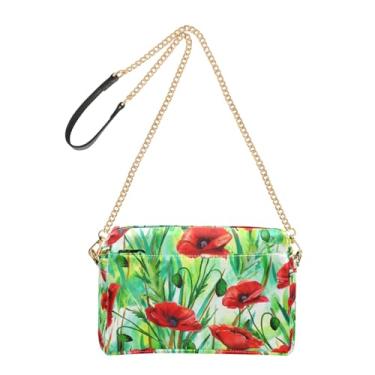 Imagem de Joitme Bolsa de ombro feminina transversal para telefone linda bolsa de ombro de couro PU com alça de corrente flores vermelhas folhas verdes