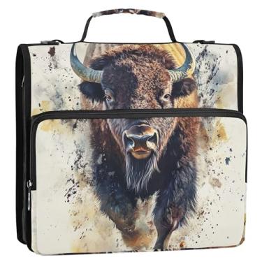 Imagem de Fichários personalizados de 3 anéis, anel D de 3,8 cm, bisonte, aquarela, animal, zíper, estojo de armazenamento com alça para fichário escolar com alça de ombro