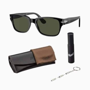 Imagem de Persol Óculos de sol retangulares PO3288S com kit oficial de óculos, Armação preta | Lente verde, 55mm