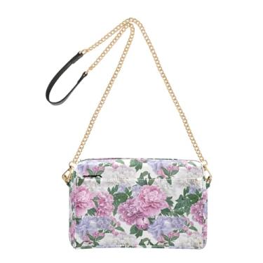 Imagem de Joitme Bolsa transversal feminina peônias florais rosa azul branco bolsa de celular couro PU bolsa de ombro alça de corrente