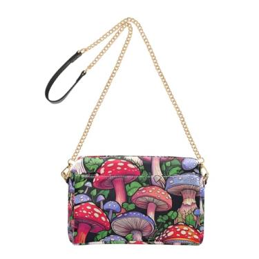 Imagem de Bolsa feminina vermelha roxa cogumelos cruzados, bolsa de ombro de couro PU com alça de corrente, bolsa para celular