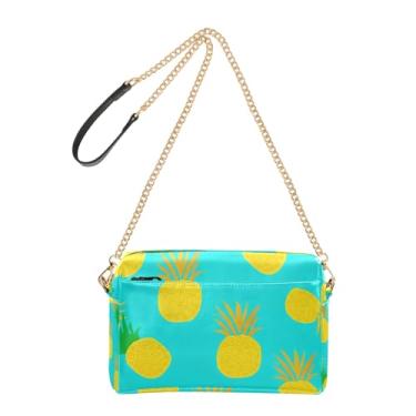 Imagem de Joitme Bolsa feminina tiracolo estilizada com abacaxi amarelo azul-petróleo bolsa para celular bolsa de ombro com alça de corrente de couro PU