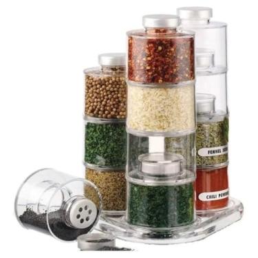 Imagem de Porta Temperos Empilhável de Acrílico, Torre com 12 Peças, 24cm de Altura, Recipientes de 7,5 x 7cm, com Adesivos para Identificação