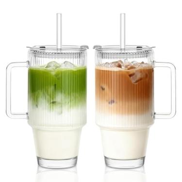 Imagem de KEMORELA 2 copos de vidro com nervuras de 680 g com tampas e canudos, copo de vidro canelado com alça