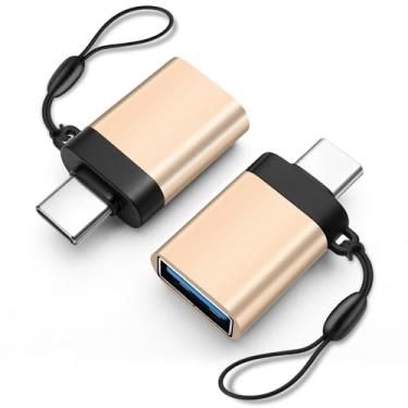 Imagem de HAUXGOGO Adaptador USB-C para USB-A (pacote com 2), transferência de dados USB 3.0 e conversão de interface, carregamento, suporte OTG com cabo antiperda - dourado