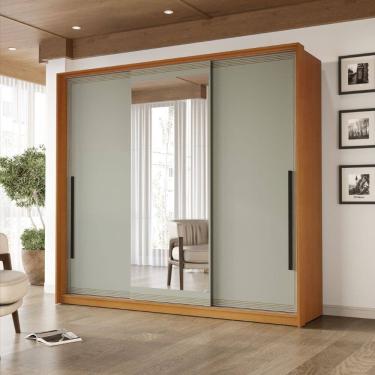 Imagem de Guarda Roupa Roupeiro 3 portas de correr 4 gavetas com Espelho Valência Freijó Verde Politorno Móveis