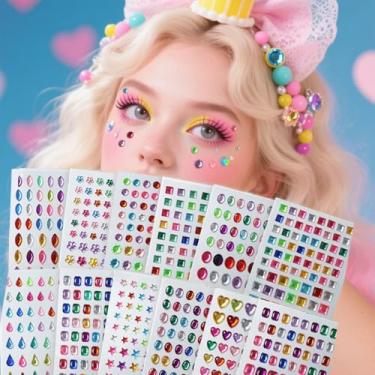 Imagem de 12 peças de diamante colorido coração flor Y2k minimalista multi-grão 3D decoração de rosto dia dos namorados, presentes de carnaval baile de máscaras para cabelo olhos rosto tatuagem temporária com