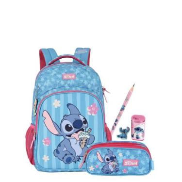 Imagem de Kit Mochila Stitch e Angel de Costas E Estojo Triplo Escolar, Magenta