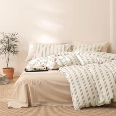 Imagem de DONEUS Conjunto de capa de edredom listrado verde 100% algodão lavado, super macio, confortável, conjunto de cama com estampa de listras verticais com fecho de zíper (tamanho casal 203 x 228 cm)