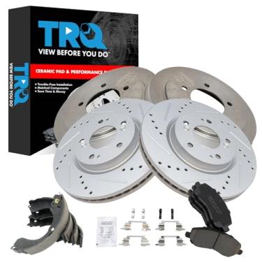 Imagem de TRQ Pastilha de freio e rotor, kit de sapata e tambor premium G-Coated Slotted X Drilled Ceramic Performance Compatível com Chrysler Sebring 2007-2009 Dodge Avenger 2008-2017 Jeep Compass Patriot 2008