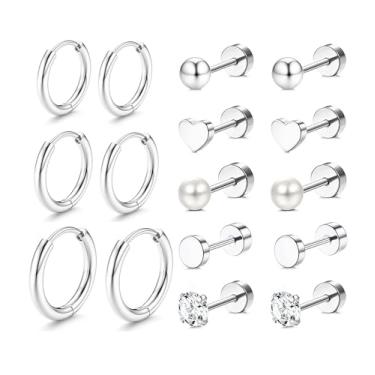 Imagem de Incaton Conjunto de brincos pequenos hipoalergênicos de aço inoxidável cirúrgico banhado a ouro 14 K, brincos de cartilagem minúsculos para orelhas sensíveis, Small, Metal, Zircônia cúbica