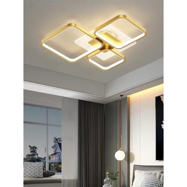 Imagem de Luminária de teto LED moderna e criativa com moldura quadrada, dimerizável e com controle remoto, ideal para sala de estar, cozinha, escritório, quarto e sala de jantar (dourada, 3 lâmpadas)