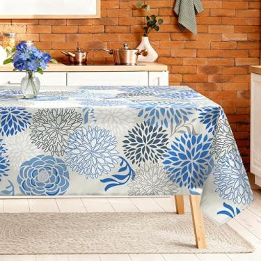 Imagem de Arquiel Toalha de mesa retangular floral azul cinza lavável na máquina, 140 x 178 cm, capa de mesa azul de poliéster para cozinha, jantar e decoração ao ar livre