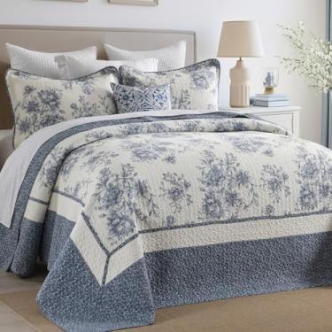 Imagem de DDUOXIN Colcha Botanical Queen extragrande – 259 cm L x 120 C Colcha Califórnia 100% algodão, leve, reversível, grande, com 2 fronhas, azul/creme