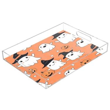 Imagem de xigua Bandeja de servir de acrílico fantasma de Halloween com alças à prova de derramamento, bandejas decorativas de festa de Halloween, bandeja organizadora de bancada para banheiro, cozinha, 30,5 x