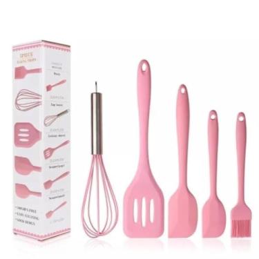 Imagem de Kit de 5 Utensílios de Cozinha em Silicone - Colher, Espátula, Fue, Espátula Pequena e Pincel, Antiaderente e Seguro para Panelas Residenciais (ROSA)