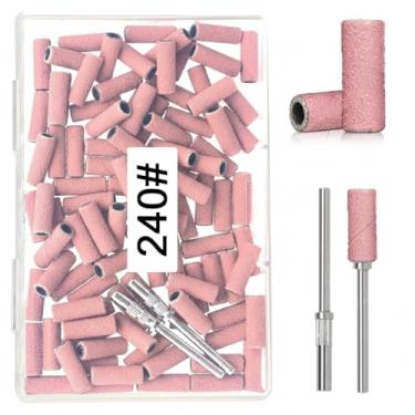 Imagem de Kit de 100 faixas de lixamento de unhas, 240 mini faixas de lixa rosa de grão fino com brocas de mandril para lixa de unha elétrica profissional, manicure, pedicure, gel acrílico, polimento de unhas e