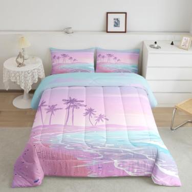 Imagem de Conjunto de edredom de praia azul roxo, 3 peças, para decoração de quarto de crianças, meninos e meninas, adulto, conjunto de colcha estilo mar do Havaí, doce verão e oceano, 2 fronhas