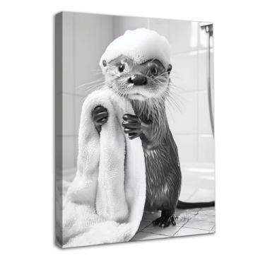 Imagem de Dazzlewall Decoração de parede de banheiro de lontra engraçada emoldurada, preto e branco, lontra fofa com espuma de sabão com toalha, pôster de parede para decoração de banheiro e banheiro 30 x 40 cm