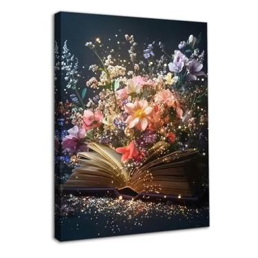 Imagem de Dazzlewall Arte de parede de livro floral colorido emoldurado, pôster de biblioteca estética de fantasia vintage para sala de estudo, quarto, sala de estar, decoração de sala de leitura, 30 x 40 cm