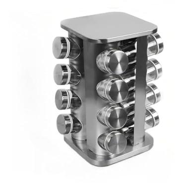 Imagem de Porta Temperos Quadrado Inox com Frascos de Vidro 12 16 20 Unidades Tampa Rotativa Etiquetas Caneta Organização Cozinha (Porta Tempero 16 Quadrado Inox)