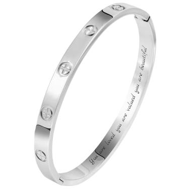 Imagem de Camhanno Pulseiras de aço inoxidável gravadas para mulheres – inspirador, amizade, amor, mãe, filha, irmã, cristã, formatura, memorial e presentes de casamento, Medium, Aço inoxidável, Strass