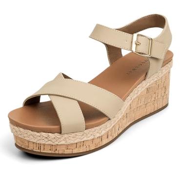 Imagem de WONDERWAY Sandália feminina de bico aberto, alpargatas, plataforma, com tira elástica no tornozelo, elegante e confortável, Nude., 36